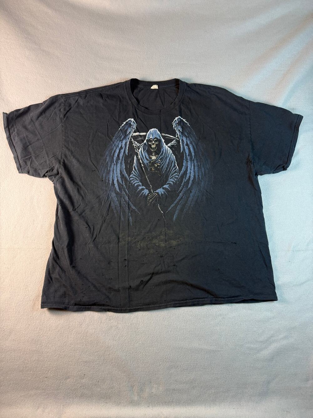 Vintage Grim Reaper T-Shirt Mens 2XL Black Crew Neck Wings Skull Distress Grunge